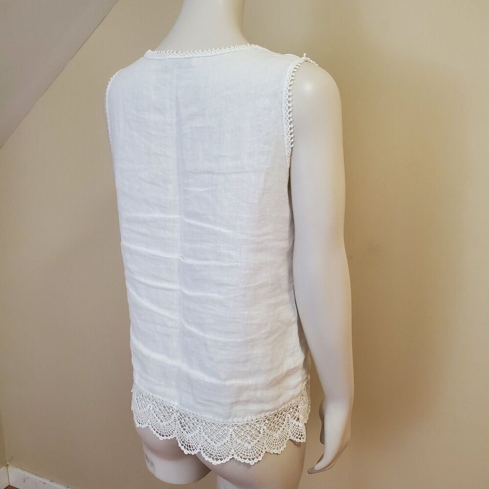 Laura Bianchi Small Italy Linen Top‎ Sleeveless Lace trim Coastal Travel Tank - Picture 4 of 8